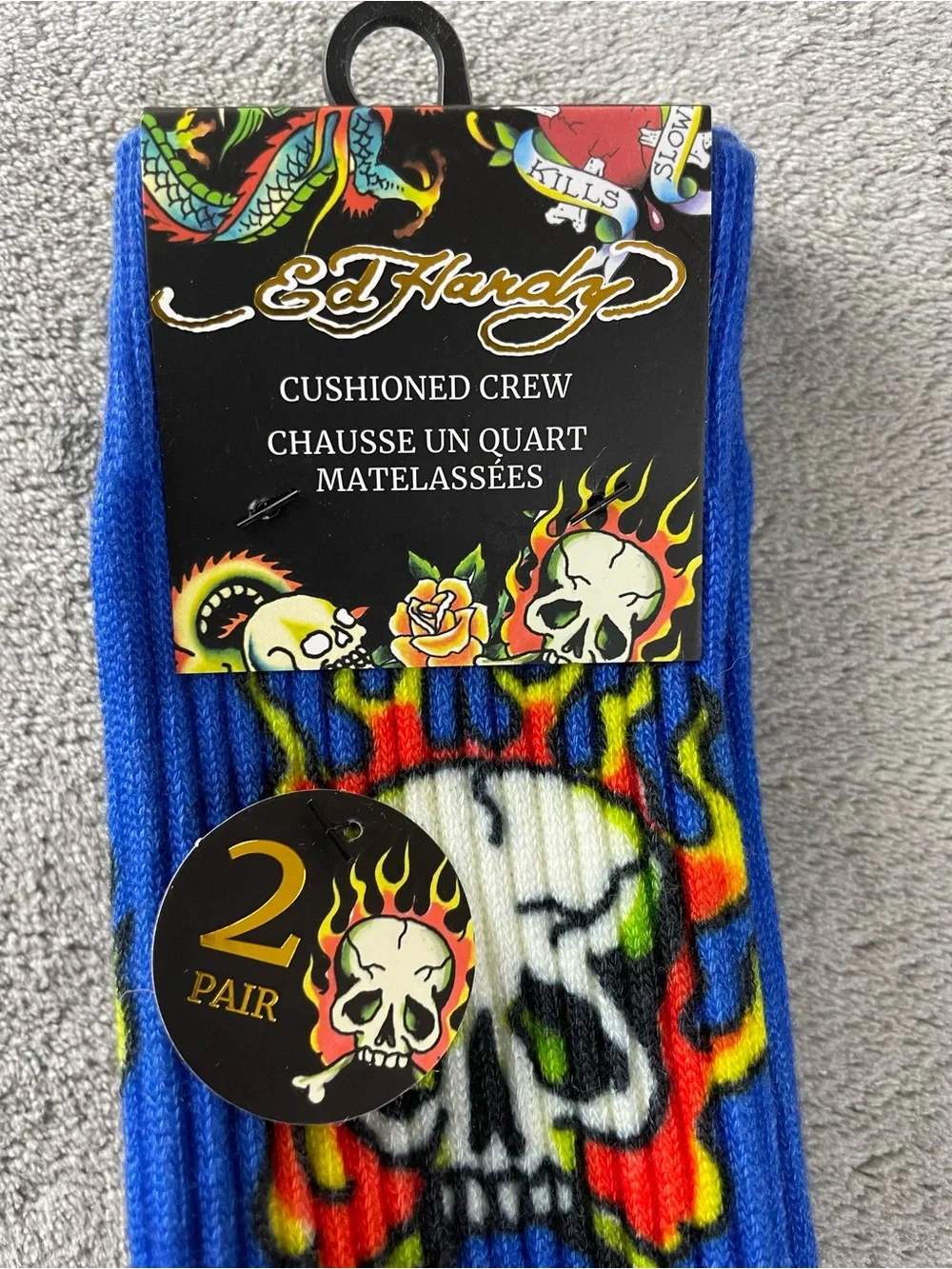 Ed Hardy Mens Cushioned Crew Socks 2 Pair 1 Blue, 1 Black New With Tags NWT